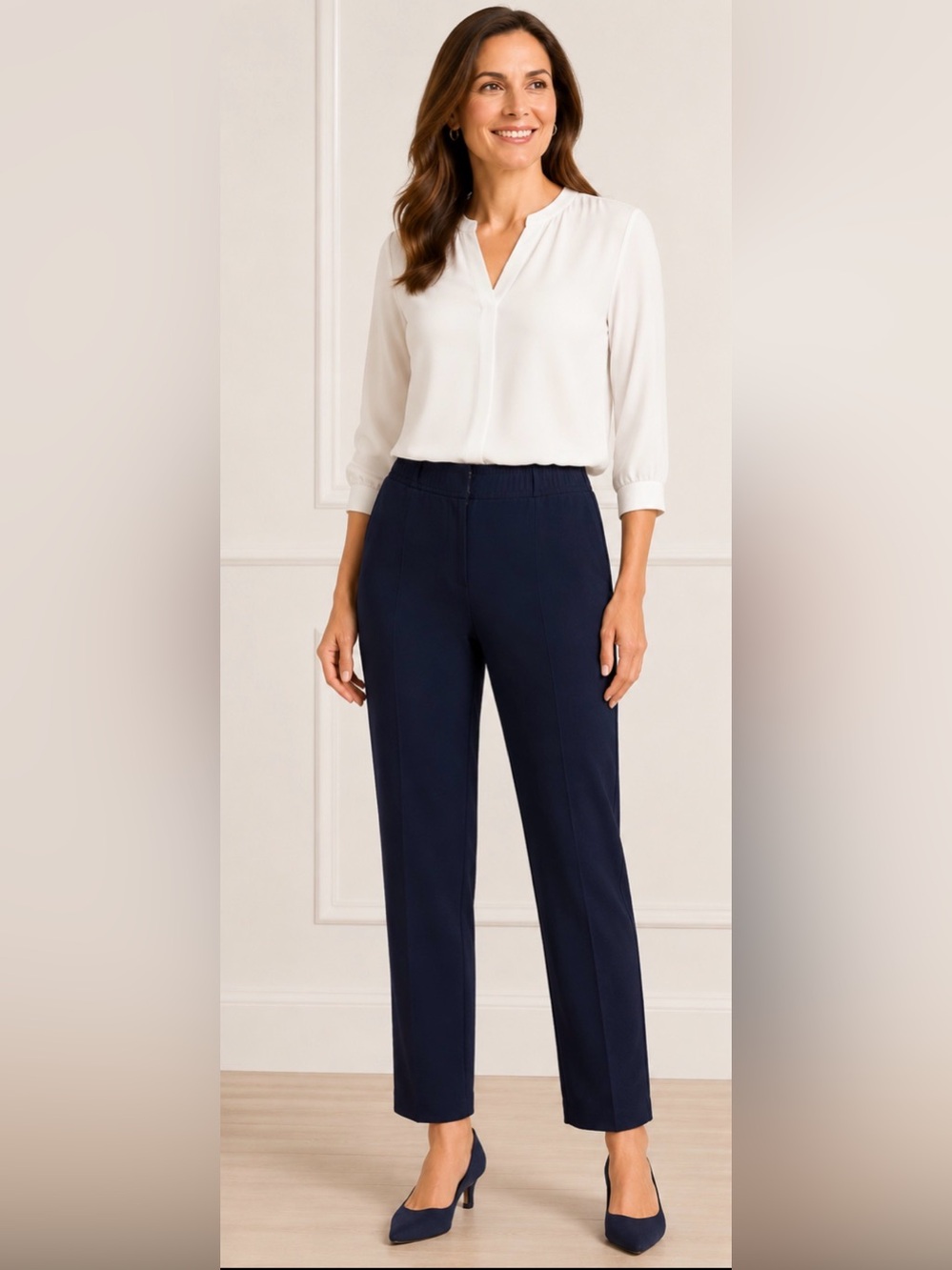 Talbots Signature Navy Elastic Waist Straight Pants 10 Career Business Casual